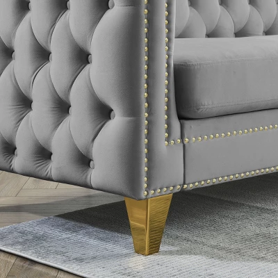 Living Room Modern Velvet Sofa With Button Tufted Square Arms And Metal Legs - ModernLuxe 14 Living Room Modern Velvet Sofa With Button Tufted Square Arms And Metal Legs - ModernLuxe - Image 12
