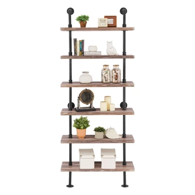 Modern Industrial 6-Tier Iron Pipe Wall Mount Ladder Shelf Distressed Wood - Danya B. 5 Modern Industrial 6-Tier Iron Pipe Wall Mount Ladder Shelf Distressed Wood - Danya B. - Image 3