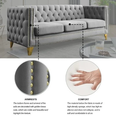 Living Room Modern Velvet Sofa With Button Tufted Square Arms And Metal Legs - ModernLuxe 11 Living Room Modern Velvet Sofa With Button Tufted Square Arms And Metal Legs - ModernLuxe - Image 9