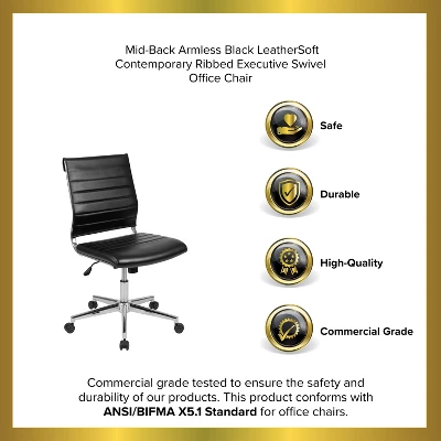 Emma And Oliver Mid-Back Armless LeatherSoft Ribbed Executive Swivel Office Chair 14 Emma And Oliver Mid-Back Armless LeatherSoft Ribbed Executive Swivel Office Chair - Image 12