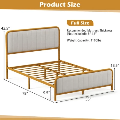 Costway Full Gold Metal Bed Frame Upholstered Platform Bed With Velvet Headboard 4 Costway Full Gold Metal Bed Frame Upholstered Platform Bed With Velvet Headboard - Image 2