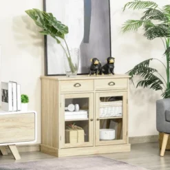 HOMCOM Rustic Farmhouse Sideboard, Buffet Cabinet With 2 Glass Doors, Adjustable Shelves And 2 Drawers For Kitchen, Living Room, Oak