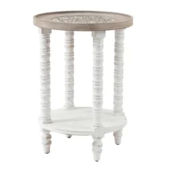 LuxenHome White And Natural Wood Round Accent Side Table With Storage.