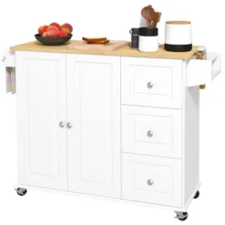 HOMCOM Kitchen Island With Drop Leaf, Rolling Kitchen Cart On Wheels With 3 Drawers, Cabinet, Natural Wood Top, Spice Rack And Towel Rack, White -Furniture Hotsale Shop GUEST ded0e503 0144 4f5f 8e54 e97a76e8064f