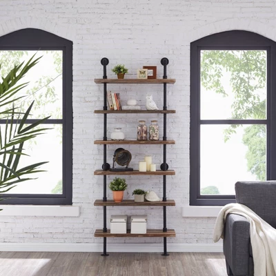 Modern Industrial 6-Tier Iron Pipe Wall Mount Ladder Shelf Distressed Wood - Danya B. 4 Modern Industrial 6-Tier Iron Pipe Wall Mount Ladder Shelf Distressed Wood - Danya B. - Image 2