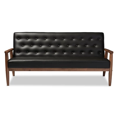 Sorrento Mid-Century Retro Modern Faux Leather Upholstered Wooden 3 Seater Sofa - Baxton Studio 3 Sorrento Mid-Century Retro Modern Faux Leather Upholstered Wooden 3 Seater Sofa - Baxton Studio