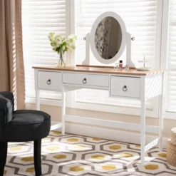 3 Drawer Sylvie Wood Vanity Table With Mirror White - Baxton Studio -Furniture Hotsale Shop GUEST e51994b1 59f2 4bee 8332 faa38fda70c7