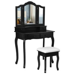 Costway Vanity Makeup Dressing Table Set W/Stool 4 Drawer&Mirror Jewelry Wood Desk Black -Furniture Hotsale Shop GUEST f465c08c 186f 40f7 b96d 94f3bcd5e3c6