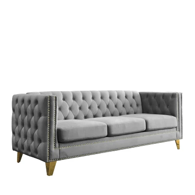 Living Room Modern Velvet Sofa With Button Tufted Square Arms And Metal Legs - ModernLuxe 8 Living Room Modern Velvet Sofa With Button Tufted Square Arms And Metal Legs - ModernLuxe - Image 6