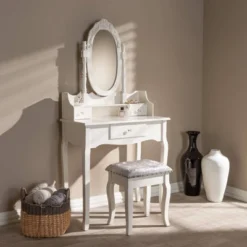 2pc Veronique White Finished Wood Vanity Table With Mirror And Ottoman White - Baxton Studio -Furniture Hotsale Shop GUEST f863a476 0be8 4088 944d 7ddd20db8cfa
