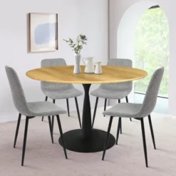 Harrison+Bingo 5-Piece Round-Shaped Wood Grain Dining Table Set With 4 Upholstered Chairs Black Legs-Maison Boucle -Furniture Hotsale Shop GUEST f8885ae8 f670 49ca 9659 395d5fdaf231