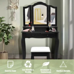 Costway Vanity Makeup Dressing Table Set W/Stool 4 Drawer&Mirror Jewelry Wood Desk Black -Furniture Hotsale Shop GUEST f9169438 b43c 413e a694 bc0b3179f5e2