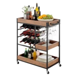 12 Bottles Rustic Walnut Wood And Metal Rolling Farmhouse Style Bar Cart Brown/Black - Danya B. -Furniture Hotsale Shop GUEST fad5d21c 79a2 48be 92da ab2484110c0e