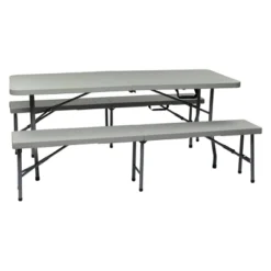 3pc Folding Table And Bench Set Light Gray - OSP Home Furnishings