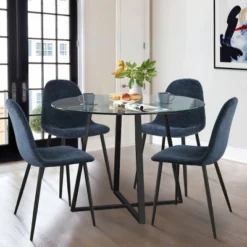 Hana + Spoon 5-Piece Round Clear Glass Dining Table Set With 4 Upholstered Chairs Black Legs For Home Kitchen Restaurant -The Pop Maison -Furniture Hotsale Shop GUEST fdee64c6 2748 4852 abe0 18b06dd4312a
